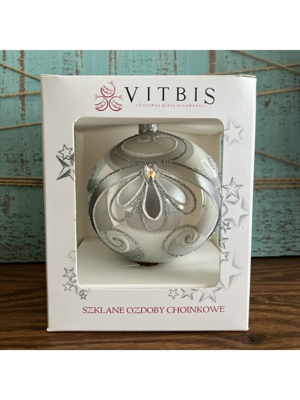 Vitbis Jeweled Glass Ornament Poland Silver Glitter Filigree Swirl Design 4"